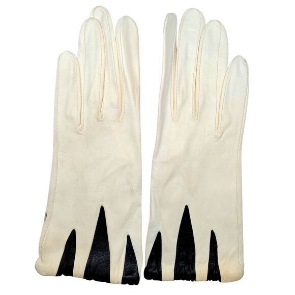 Vintage‎ White Black Dart Leather Ladies Wrist Length Shorties Dress Gloves - Picture 1 of 7